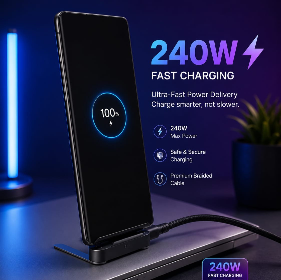 240W 2-in-1 C to C Charging Cable with Phone Stand 1.5m